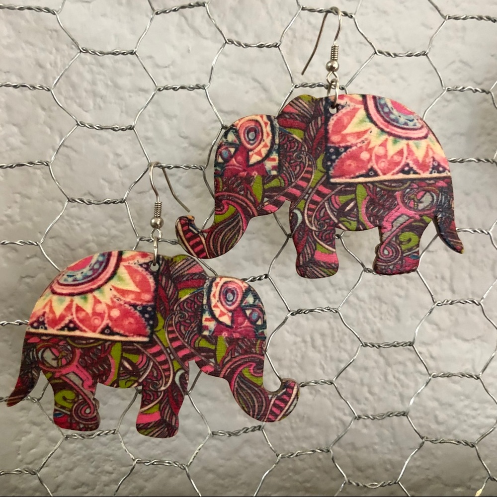 Colorful boho wood elephant earrings